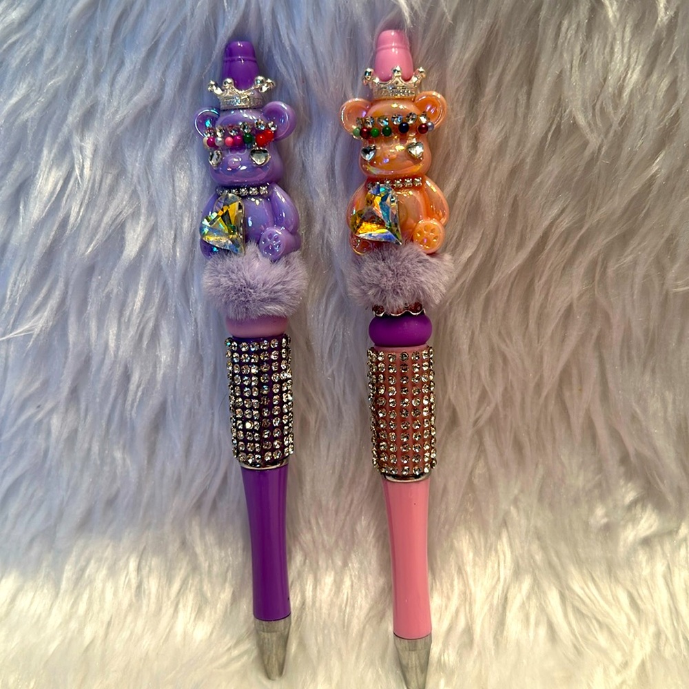 Set of 2 gemstone teddy bear beaded pens, new